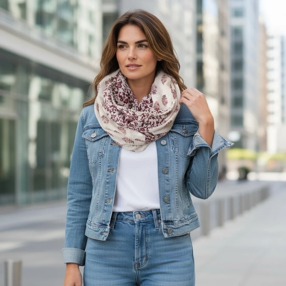 Maurices - Infinity Scarf - lace trim - two different patterns - cream burgundy
